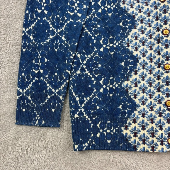 Tory Burch 100% Wool Cardigan Sweater Womens XS Blue Geometric Old Money Classic - Picture 4 of 16